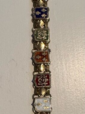 Vintage Gold Tone Travel Crown and Crest & Fleur de lid Shield  Link Bracelet